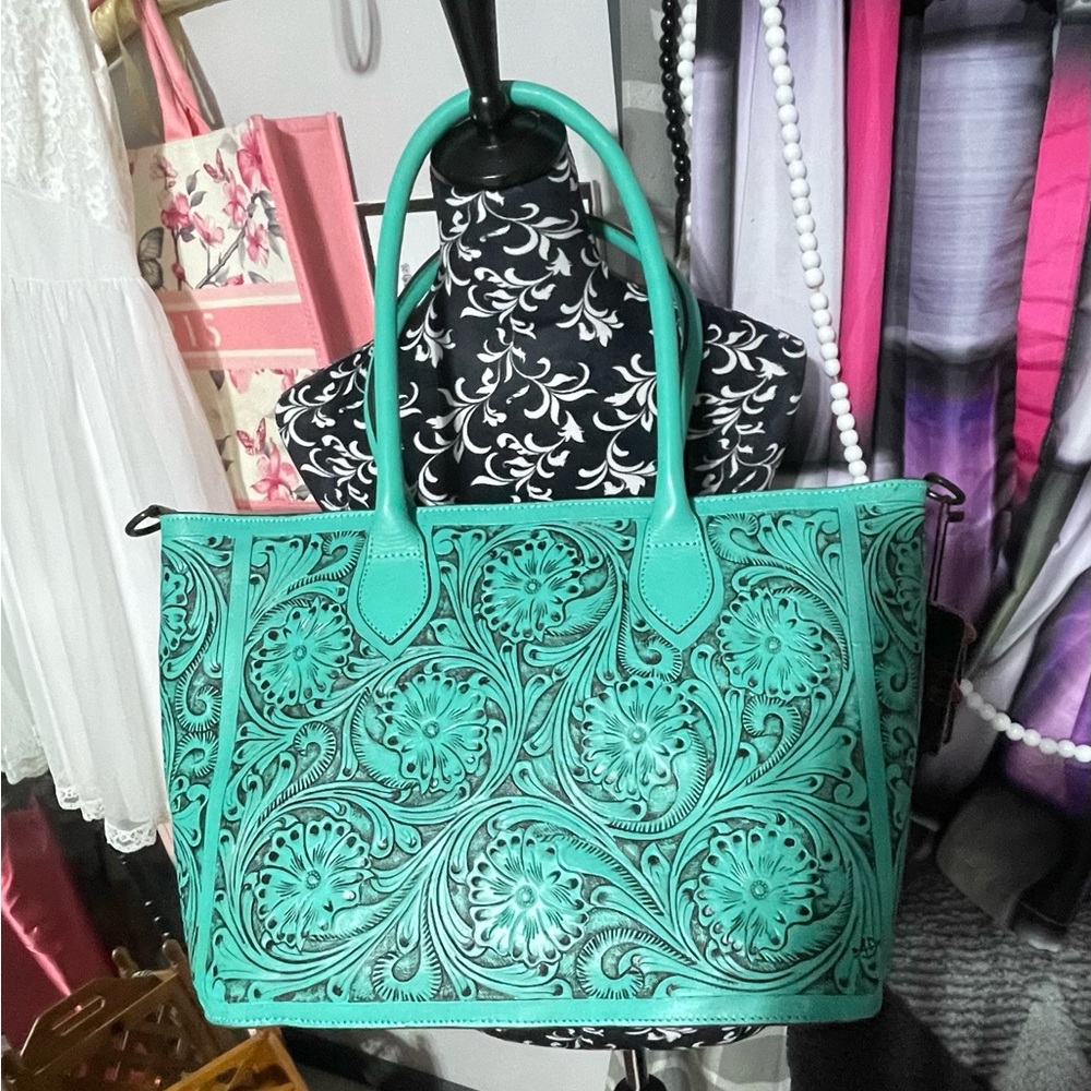 American Darling Turquoise Floral Tooled Tote Bag